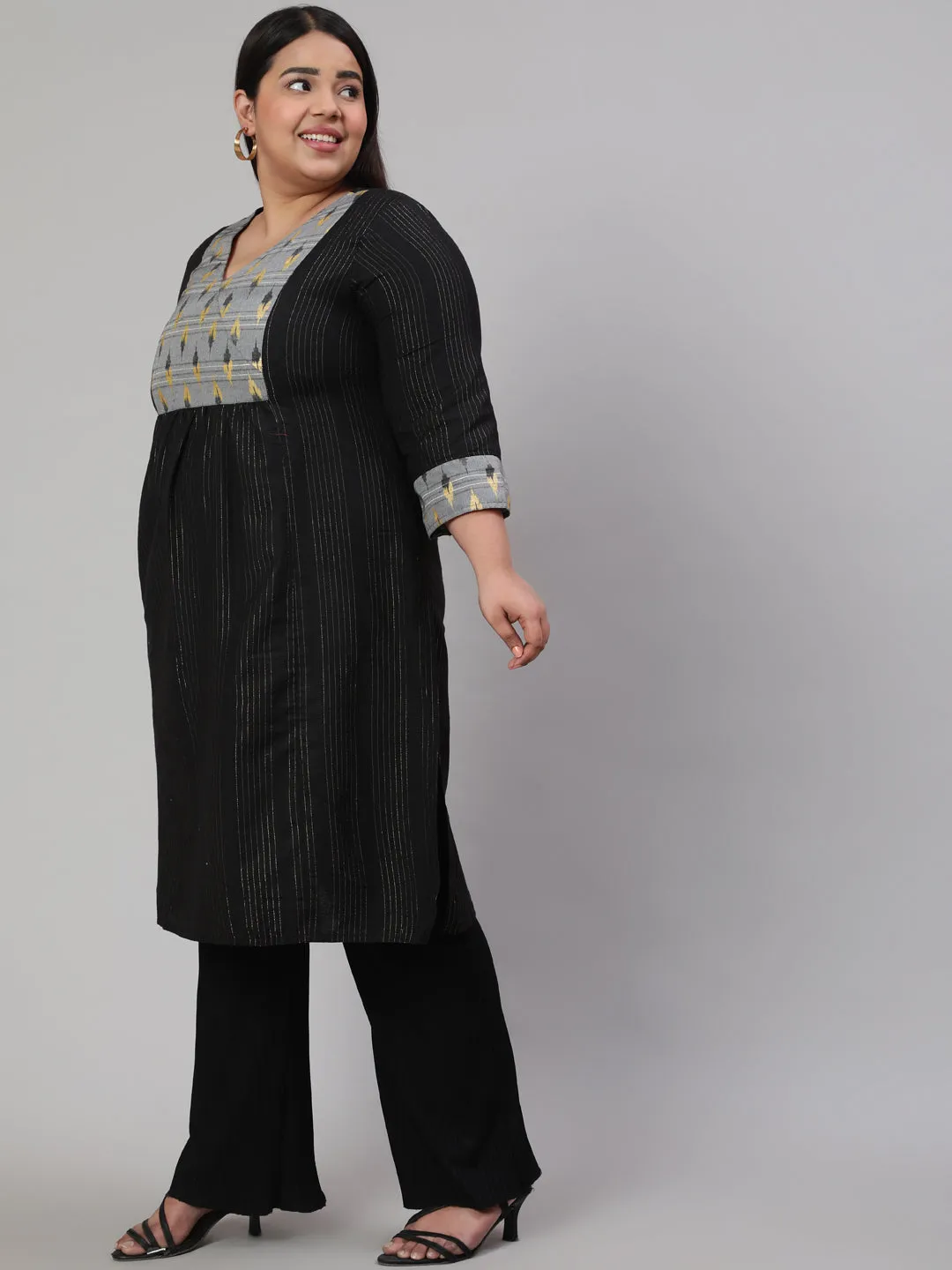 Black Plus Size Self-Weaved Straight Kurta