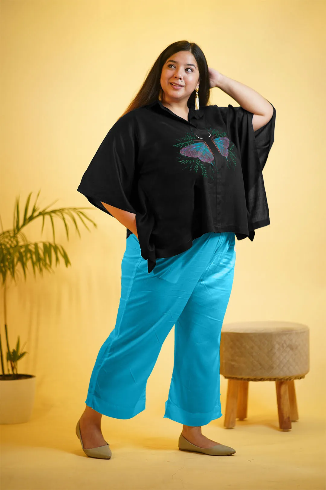 Black Rayon KaftanTop & Turquoise Palazzo - Flutter