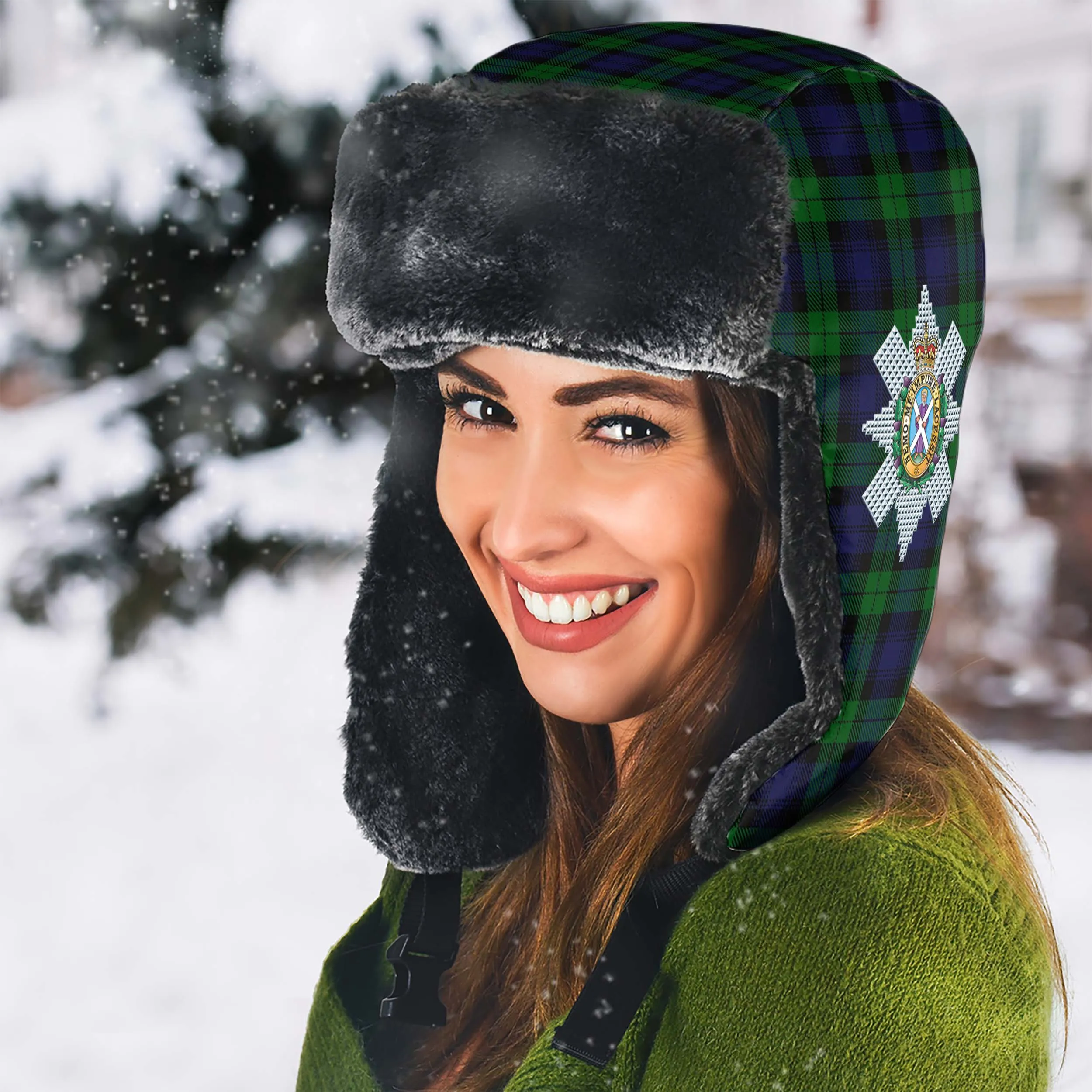 Black Watch Tartan Winter Trapper Hat with Family Crest