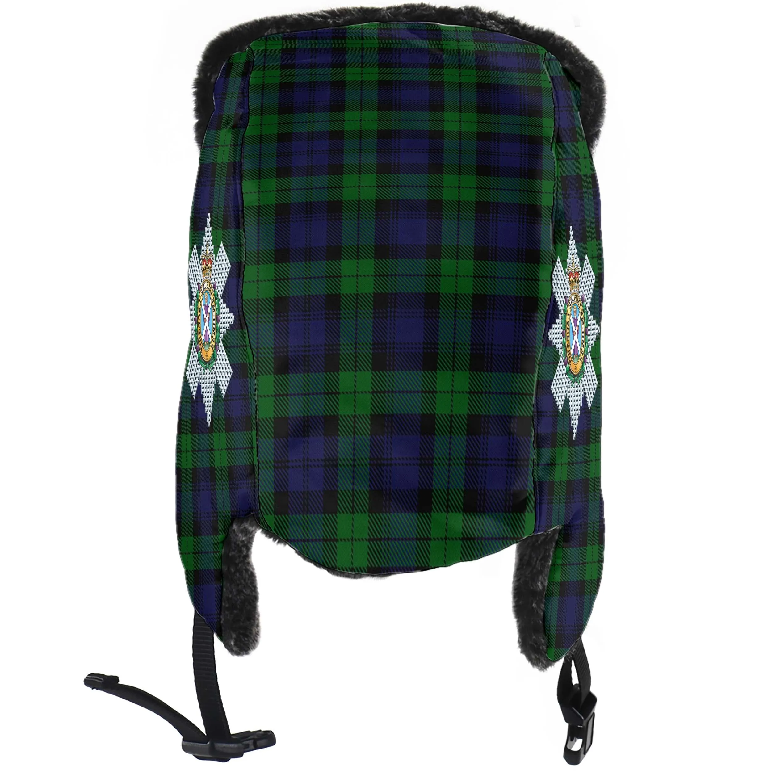 Black Watch Tartan Winter Trapper Hat with Family Crest