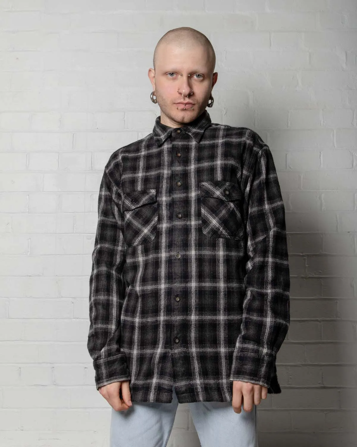 Black white grey long sleeved checked flannel shirt