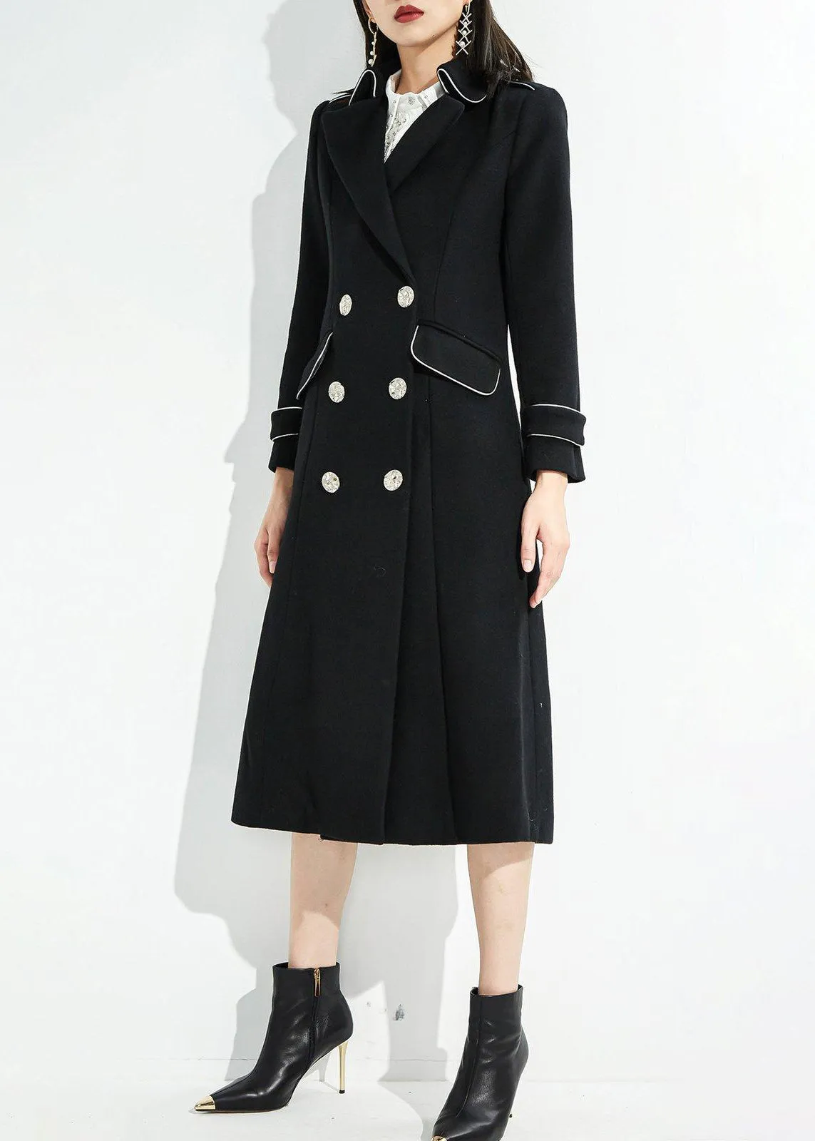 Black Wool Blend Double Breasted Midi Fit & Flare Coat