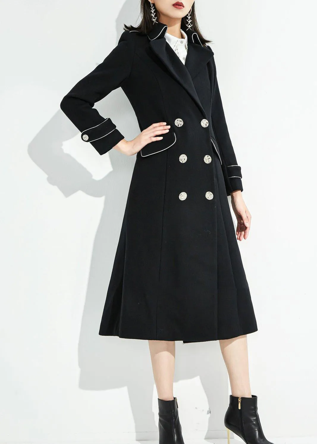 Black Wool Blend Double Breasted Midi Fit & Flare Coat