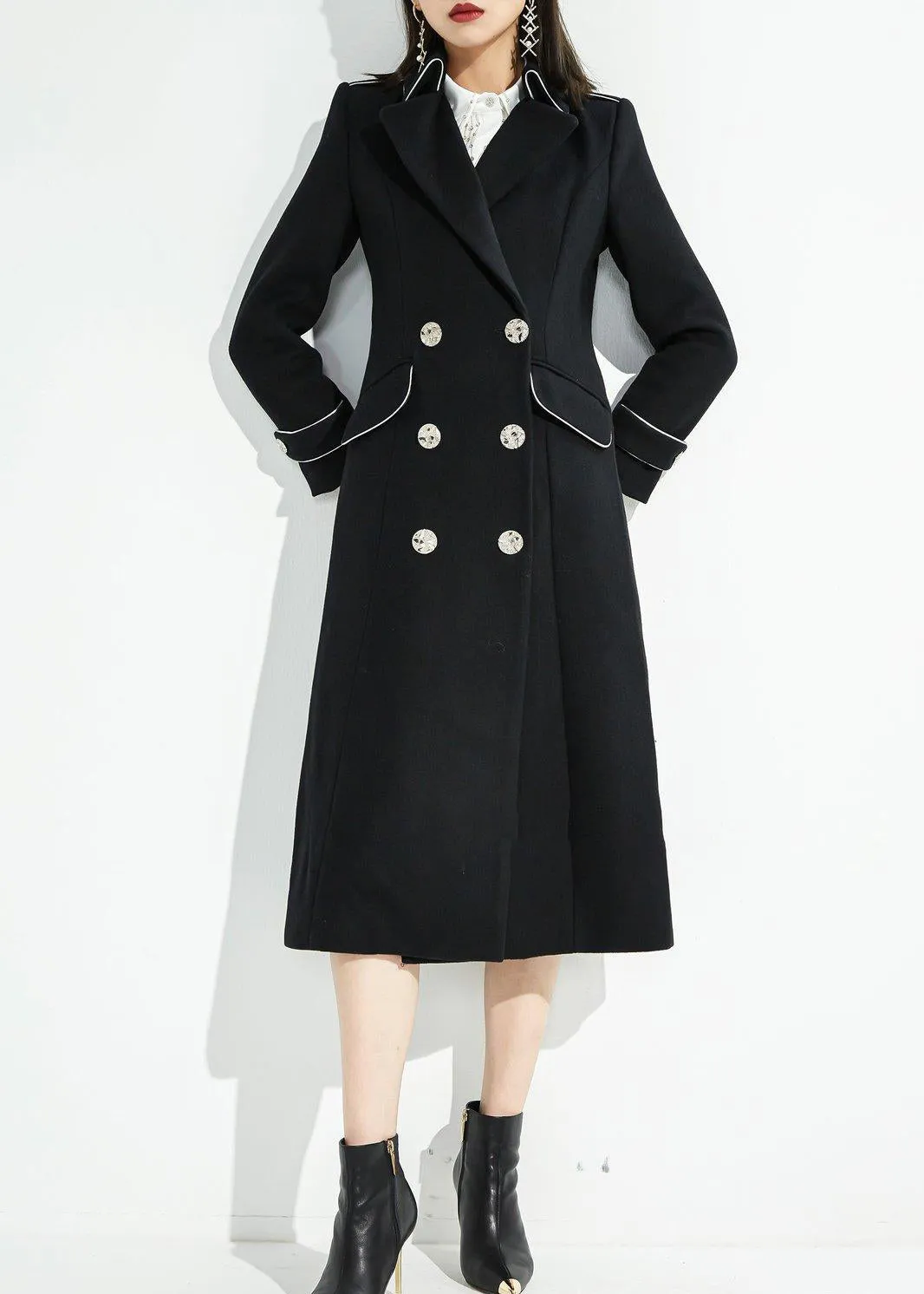 Black Wool Blend Double Breasted Midi Fit & Flare Coat