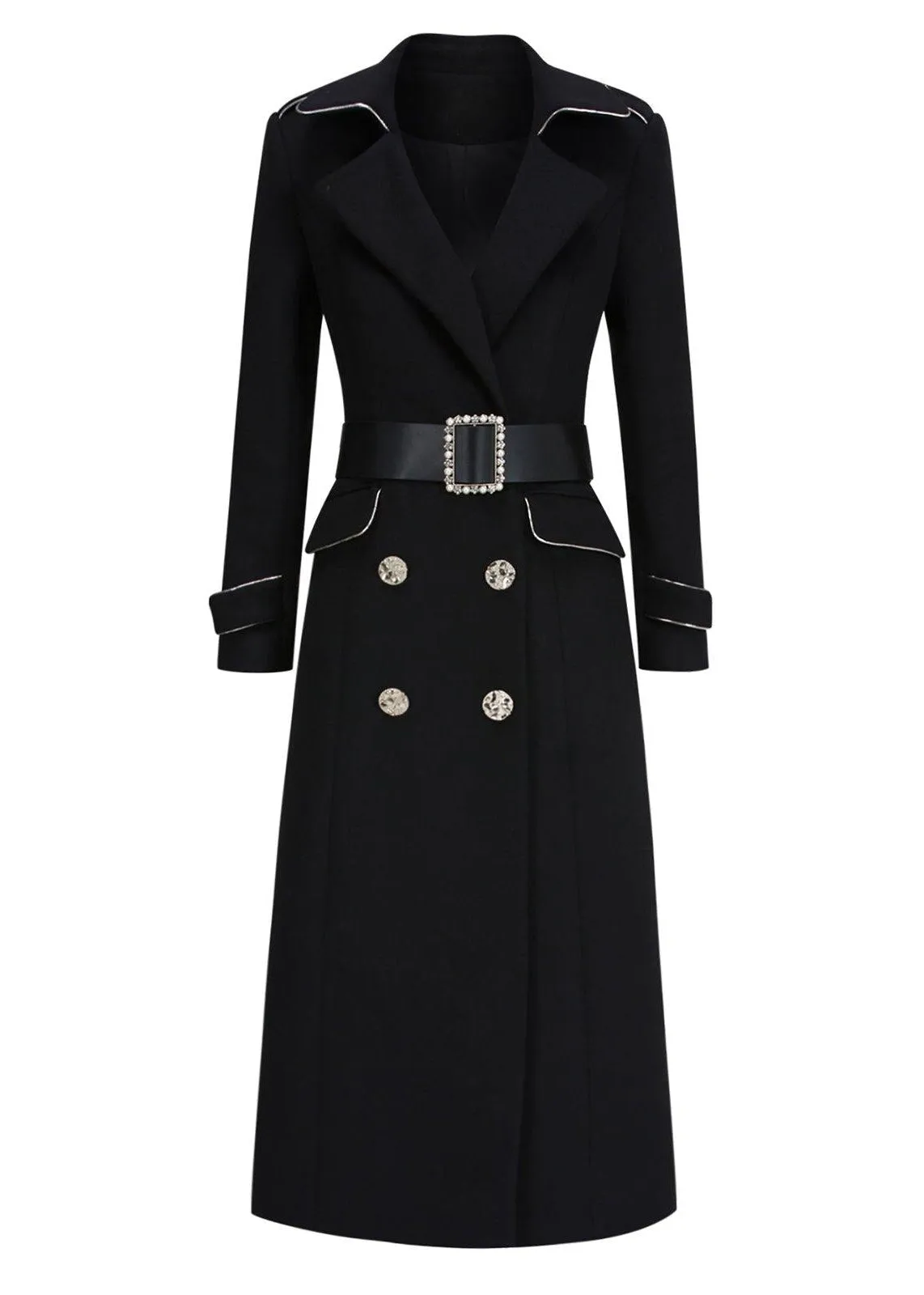 Black Wool Blend Double Breasted Midi Fit & Flare Coat