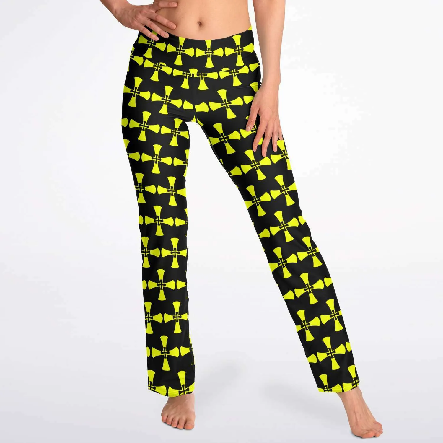 Black-Yellow Flare Leggings-Allover Crusaders Cross