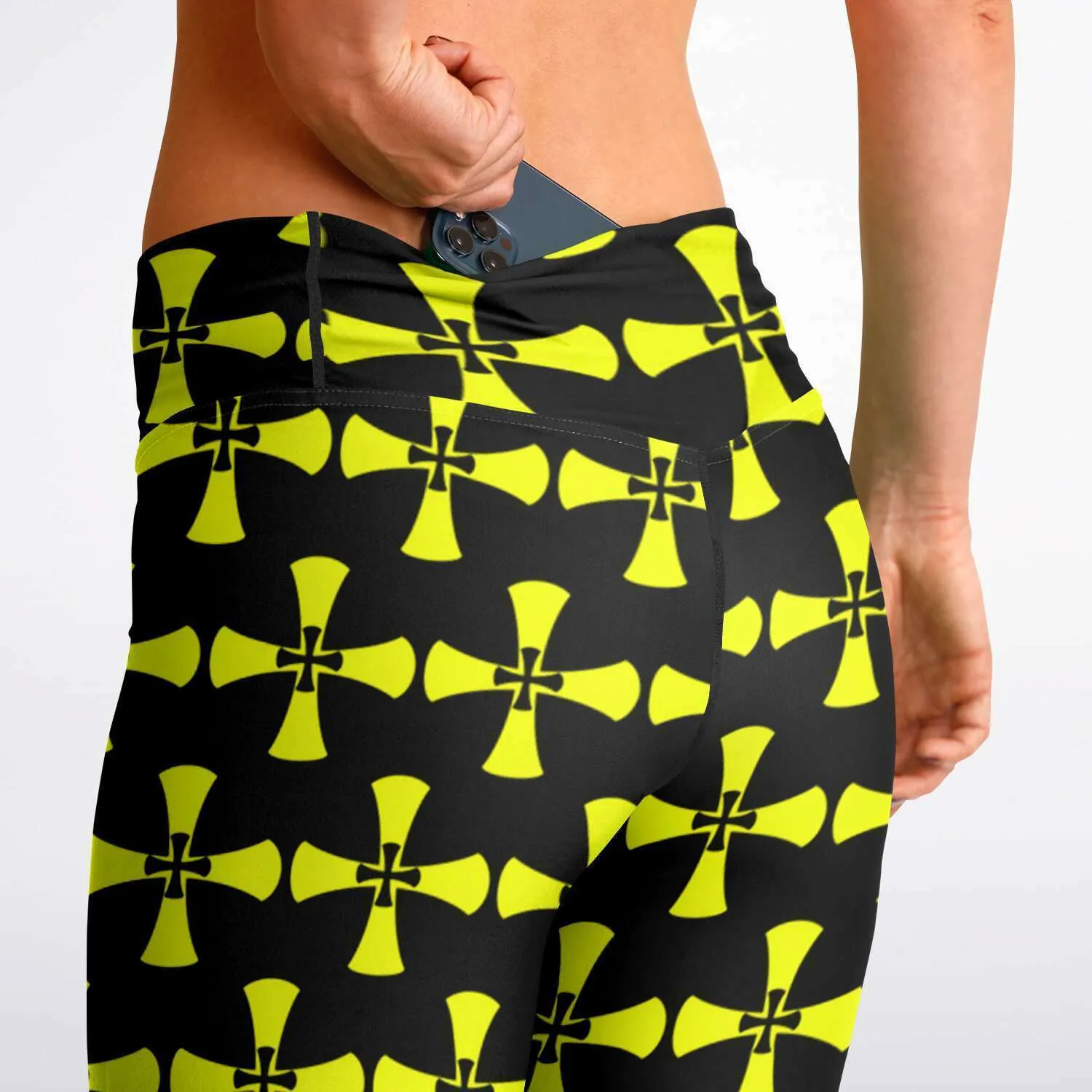 Black-Yellow Flare Leggings-Allover Crusaders Cross