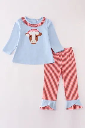 Blue christmas cow applique girl set