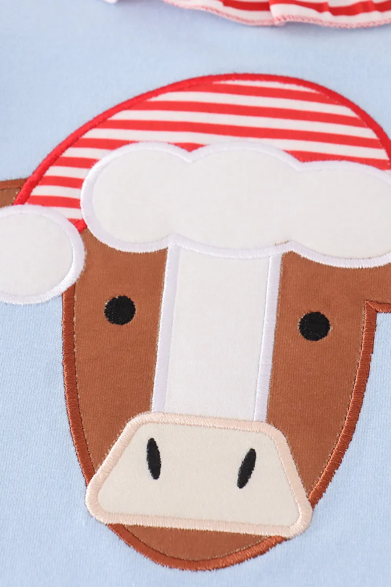 Blue christmas cow applique girl set