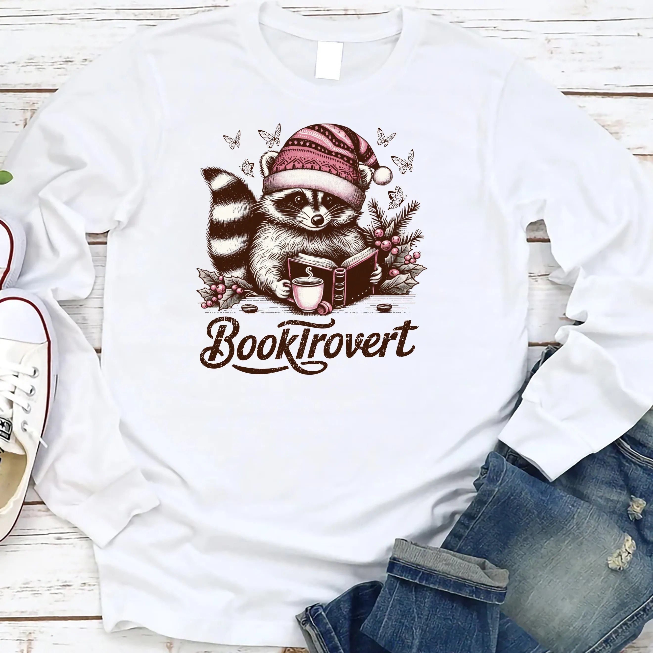 Booktrovert  Long Sleeve Shirt, Book Lover Tee, Funny Raccoon Shirt