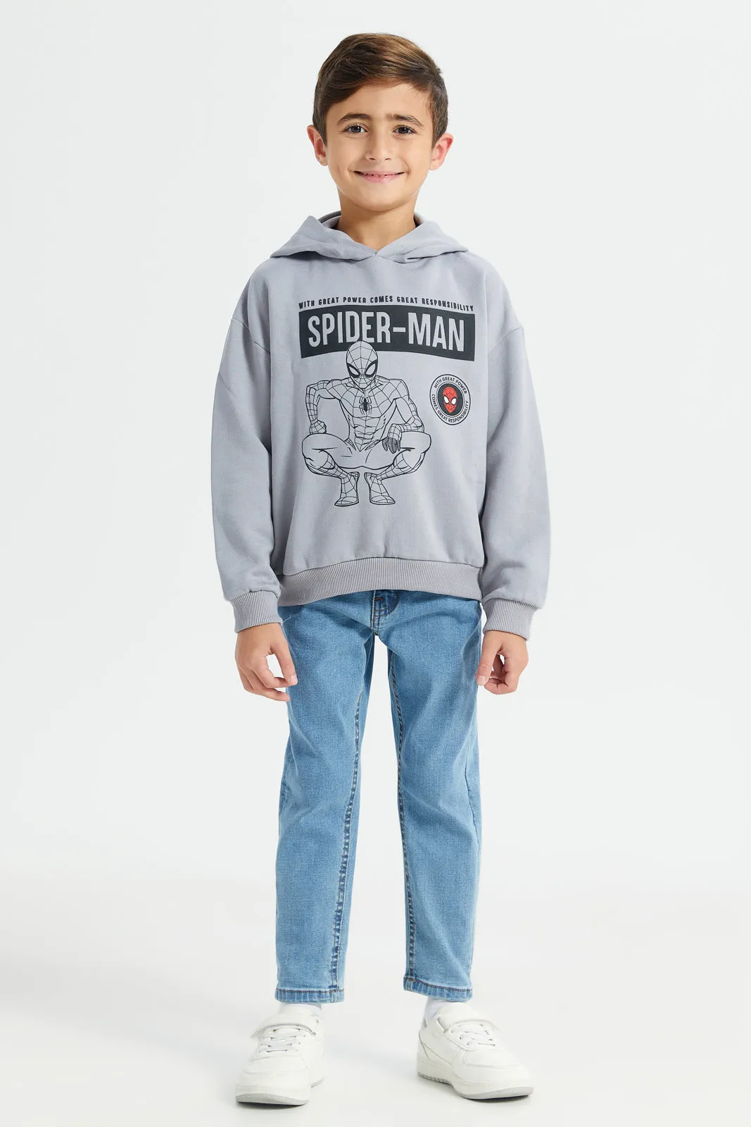 Boys Grey Spider Man Print Hooded Sweatshirt