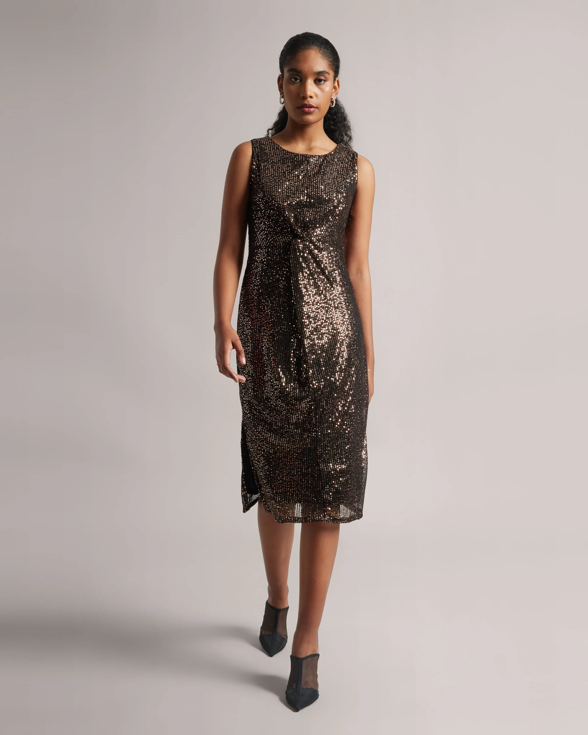 Bronze Copper Knotted Party Midi Sequins dress