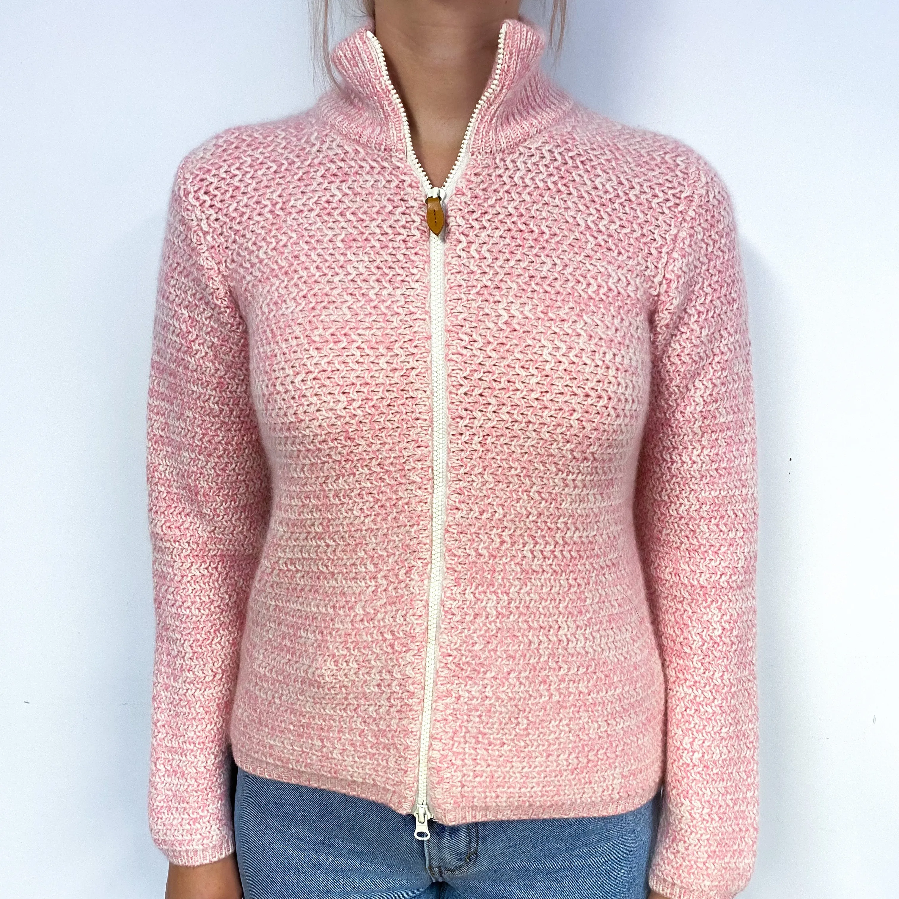 Bubblegum Pink Chunky Cashmere Zip Turtle Neck Cardigan Small