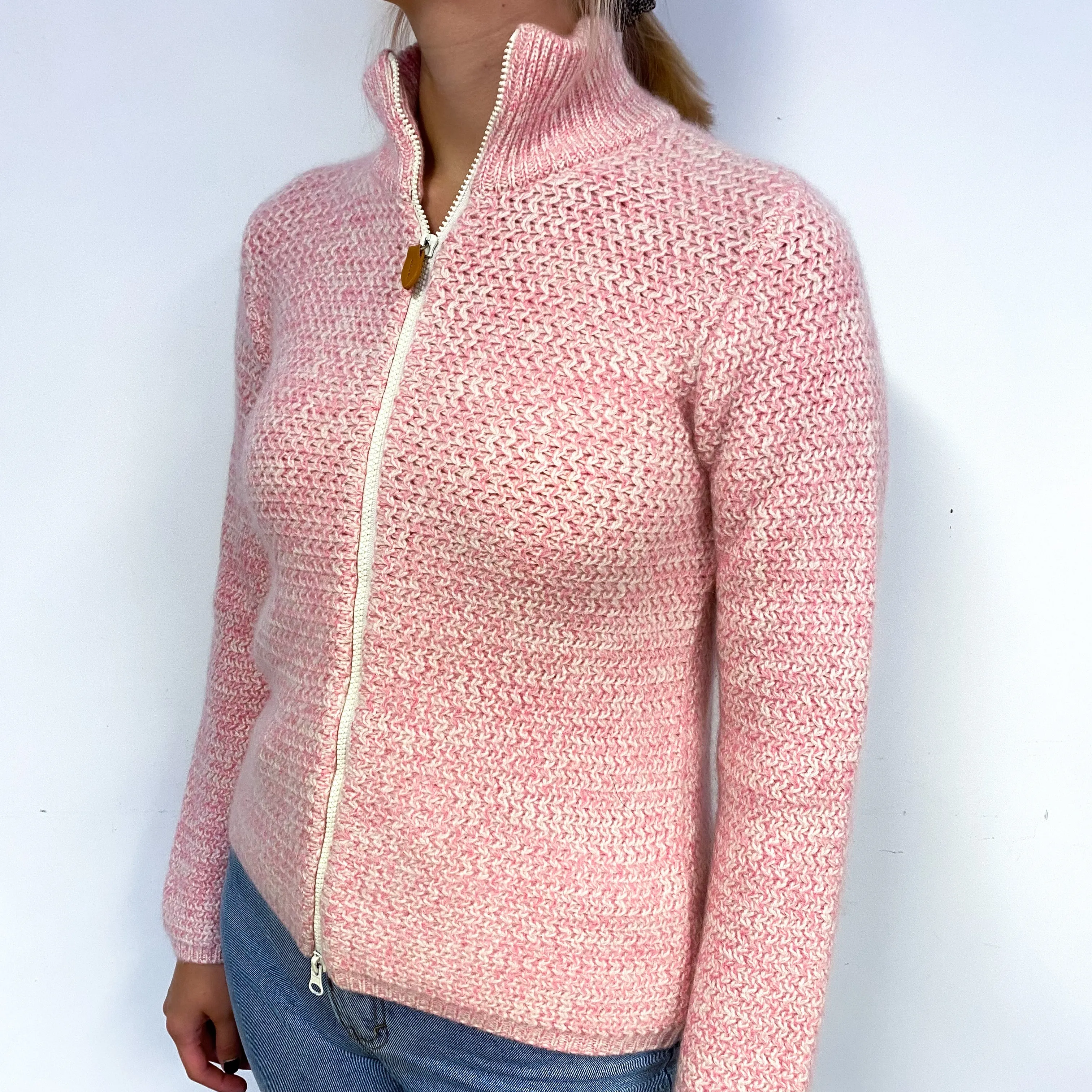 Bubblegum Pink Chunky Cashmere Zip Turtle Neck Cardigan Small