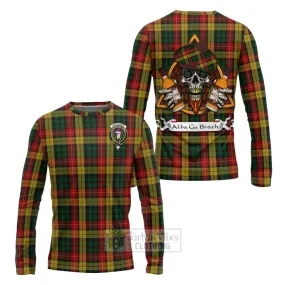 Buchanan Tartan Long Sleeve T-Shirt with Family Crest and Bearded Skull Holding Bottles of Whiskey