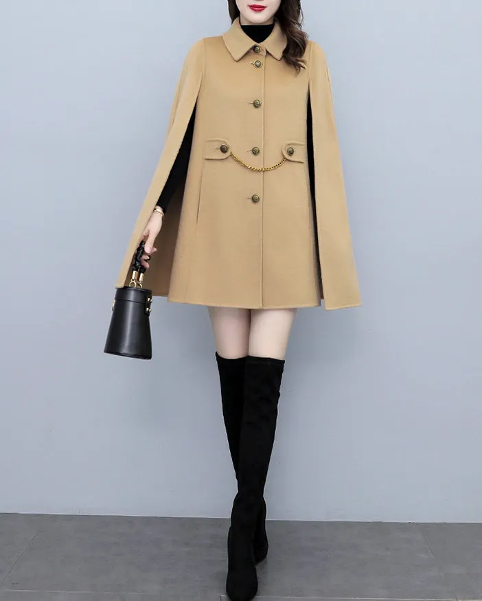 Cape coat Women, wool poncho jacket, wool cloak coat, wool shawl winter coat, black buttoned coat(Y1205)