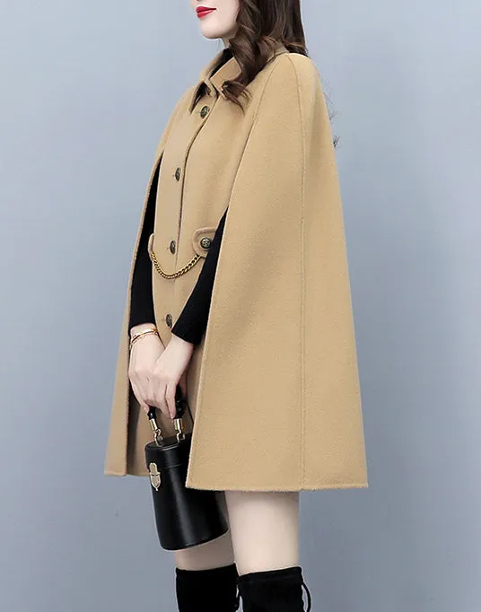 Cape coat Women, wool poncho jacket, wool cloak coat, wool shawl winter coat, black buttoned coat(Y1205)