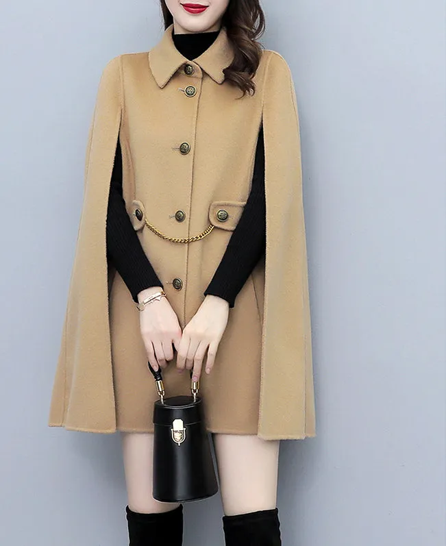 Cape coat Women, wool poncho jacket, wool cloak coat, wool shawl winter coat, black buttoned coat(Y1205)