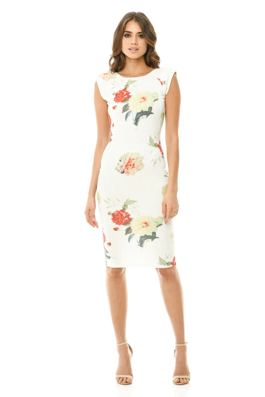 Capped Sleeve Cream Floral Midi Dress