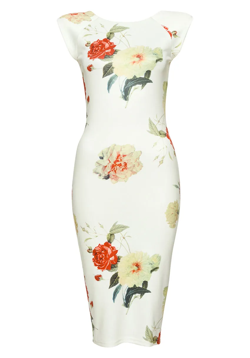 Capped Sleeve Cream Floral Midi Dress