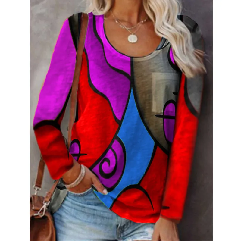 Casual Long-sleeved T-shirt Plus Size Color Matching Top