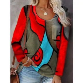 Casual Long-sleeved T-shirt Plus Size Color Matching Top