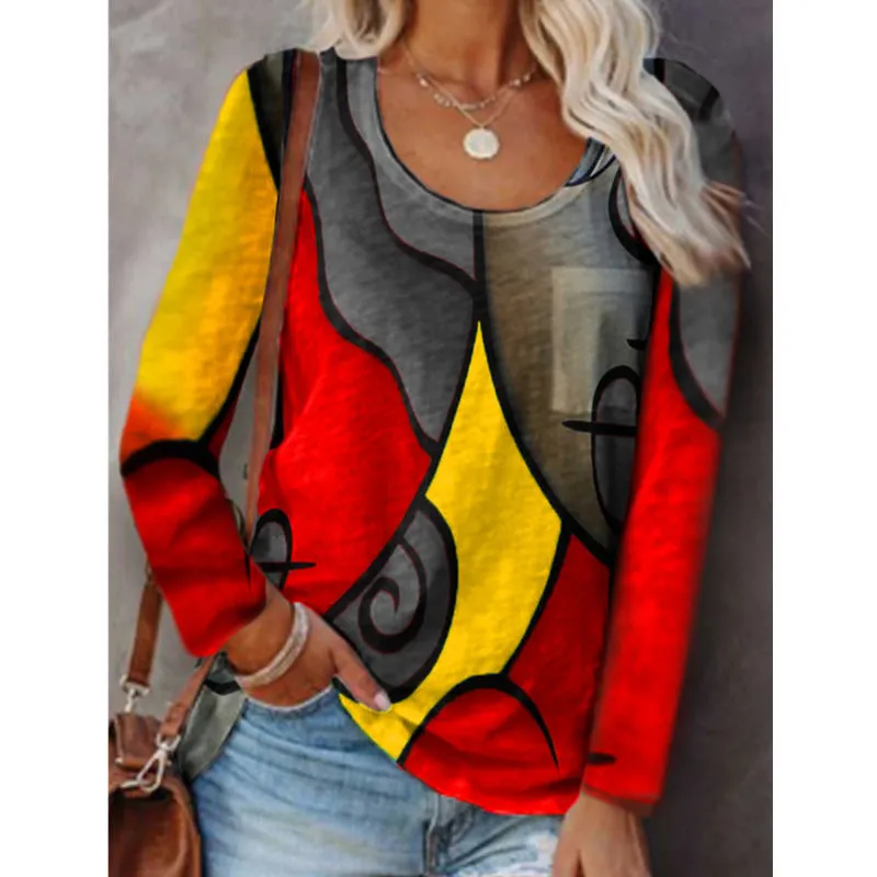 Casual Long-sleeved T-shirt Plus Size Color Matching Top