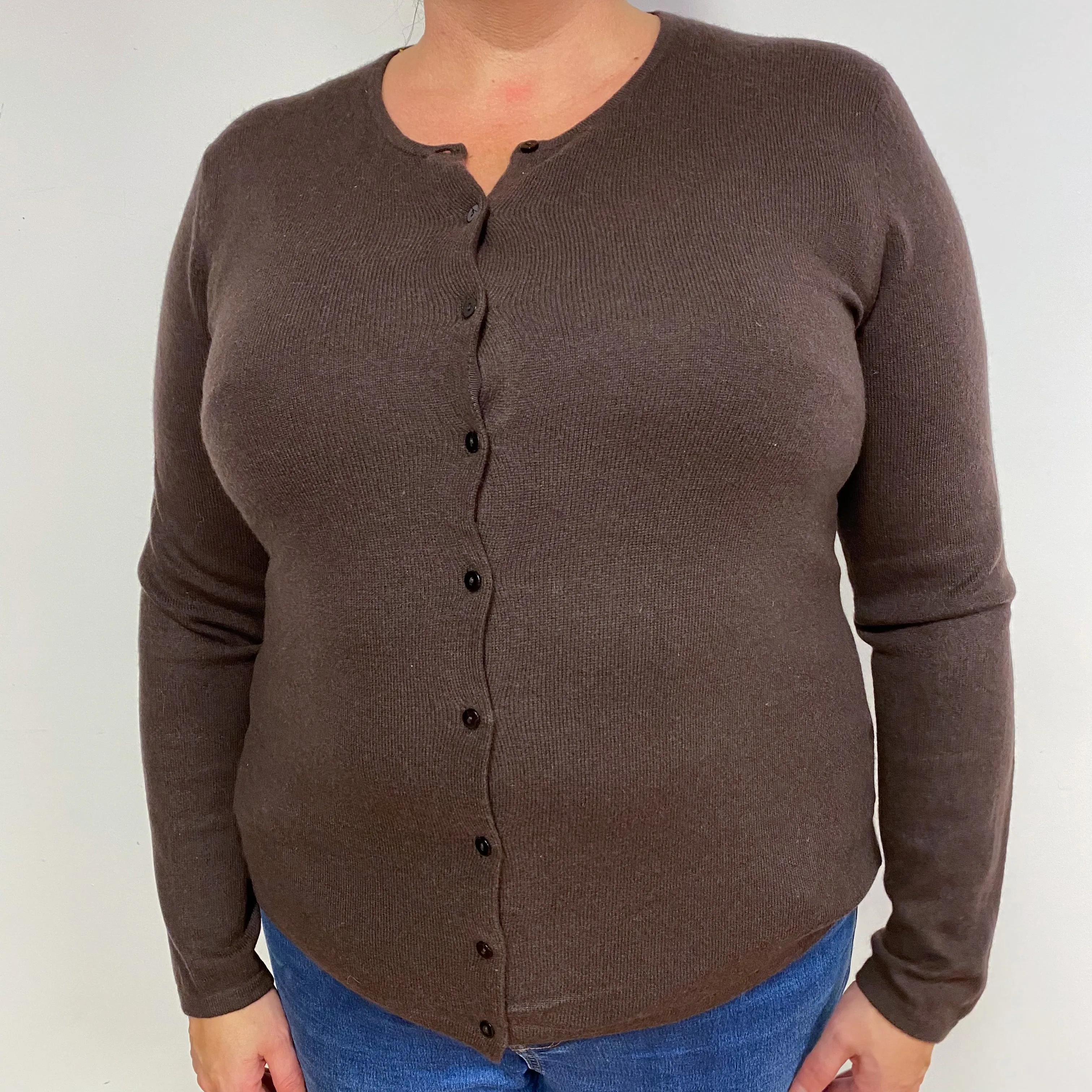 Chocolate Brown Cashmere Crew Neck Cardigan Extra Large