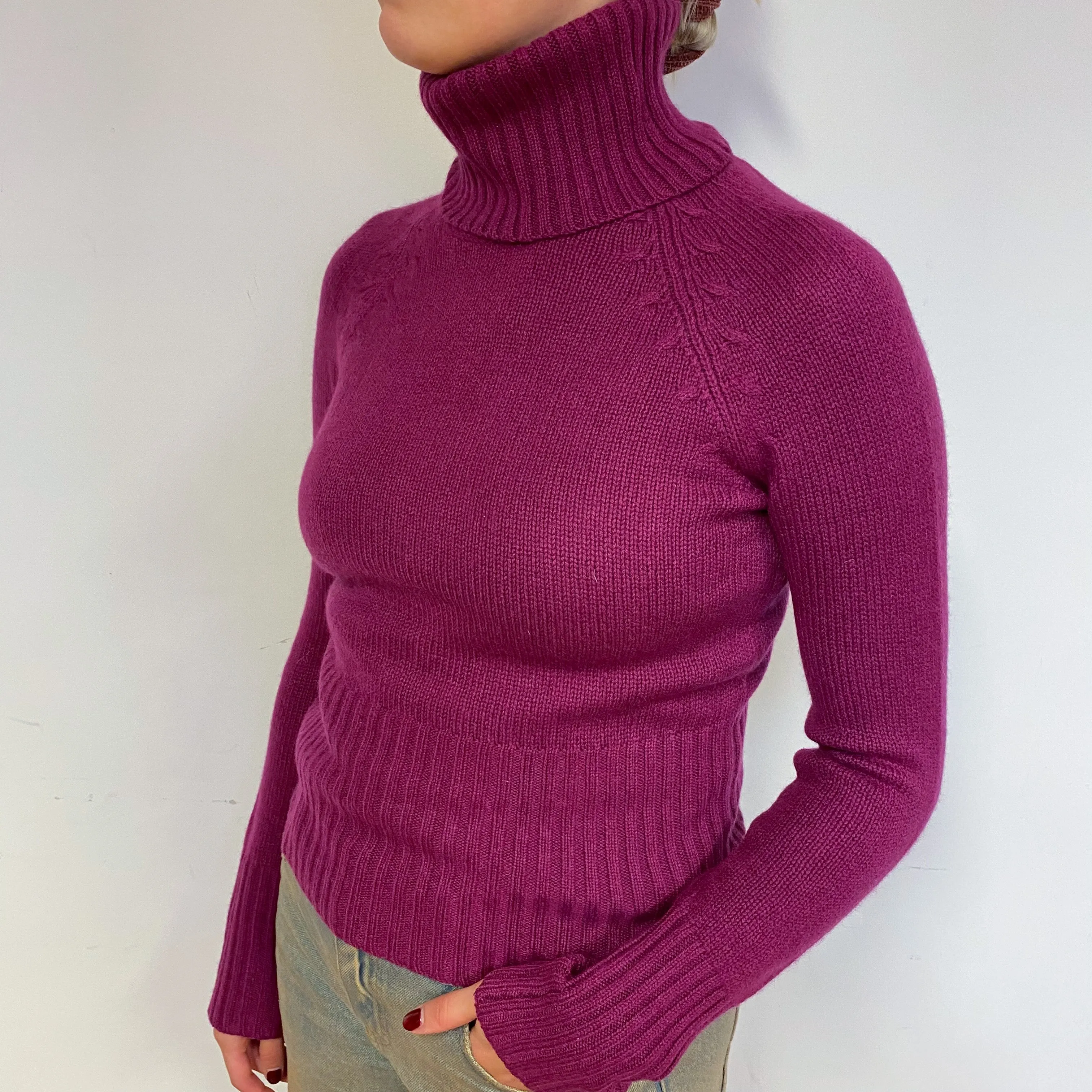 Chunky Deep Magenta Purple Cashmere Polo Neck Jumper Small