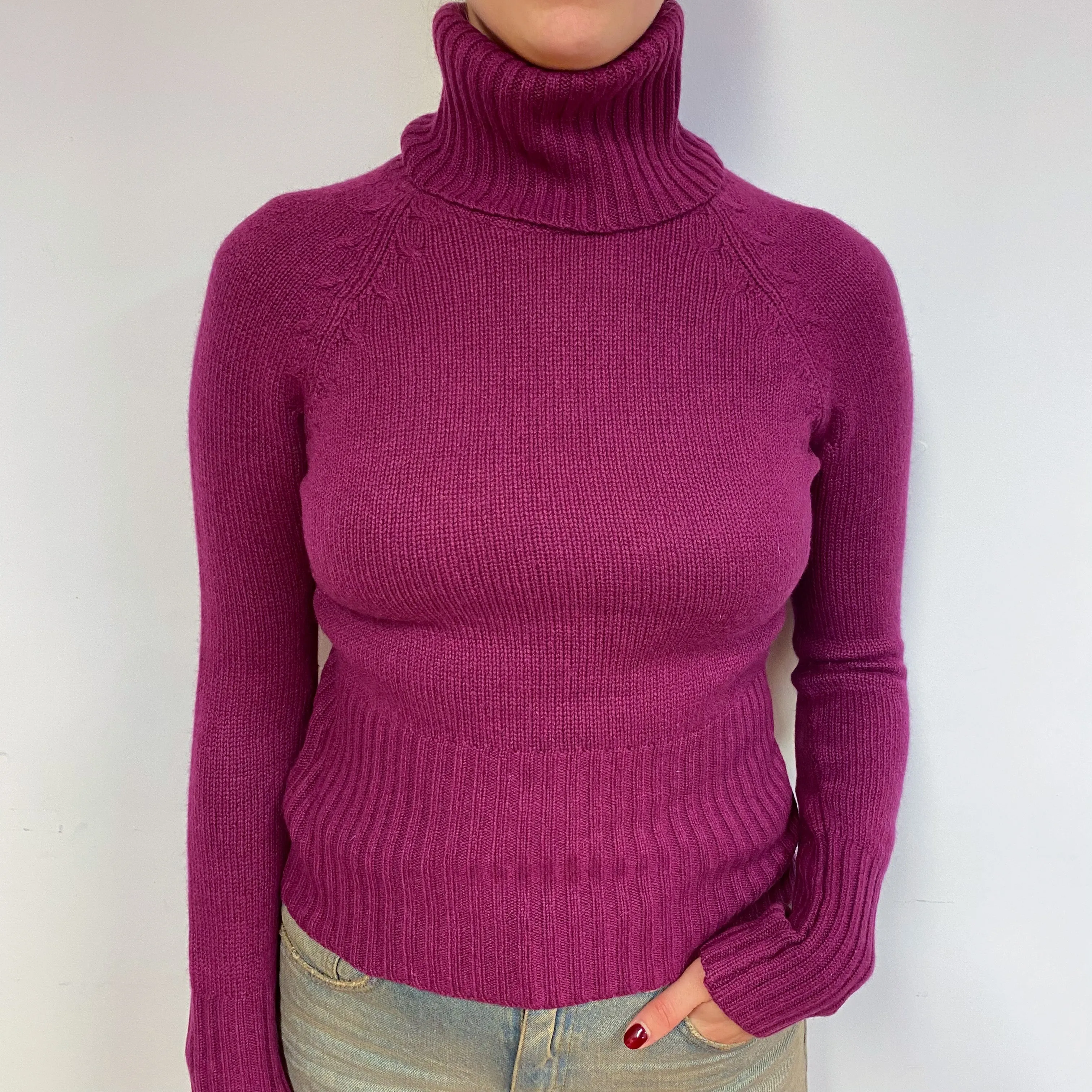 Chunky Deep Magenta Purple Cashmere Polo Neck Jumper Small