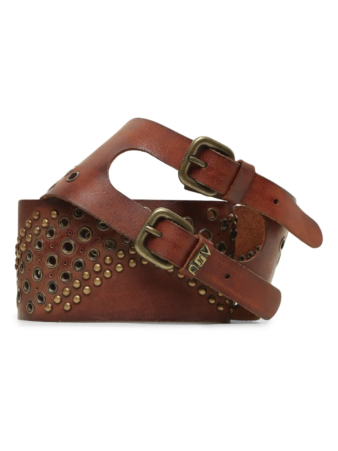 Cognac Studded Genuine Leather Belt For Women By Art N Vintage