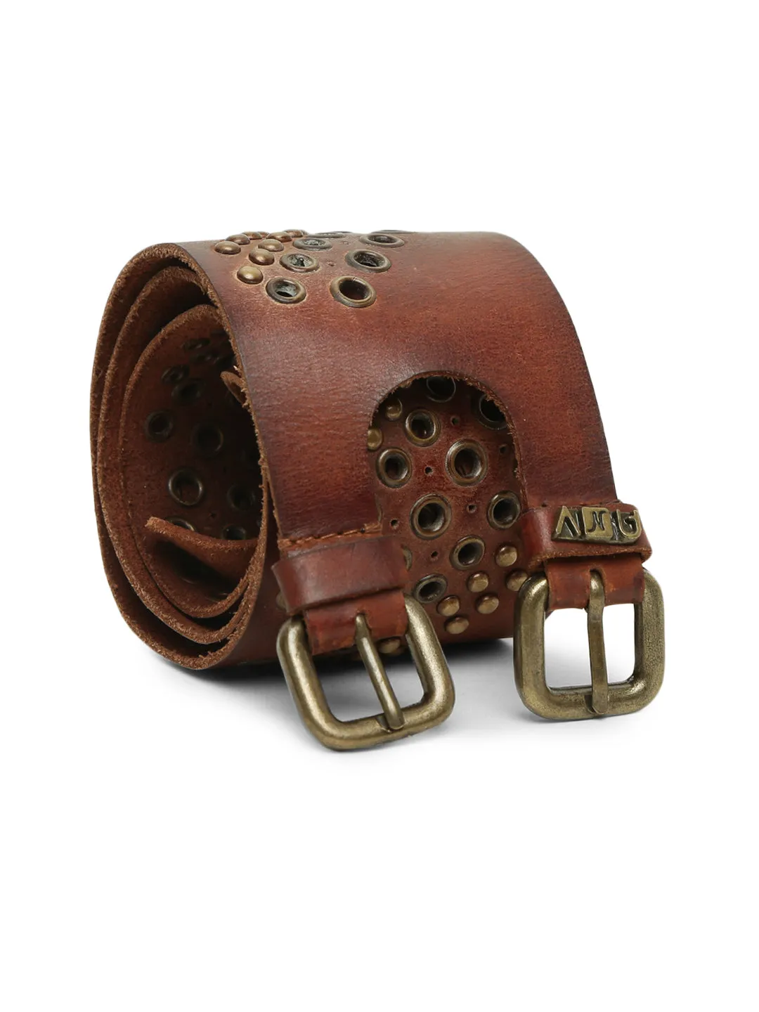 Cognac Studded Genuine Leather Belt For Women By Art N Vintage