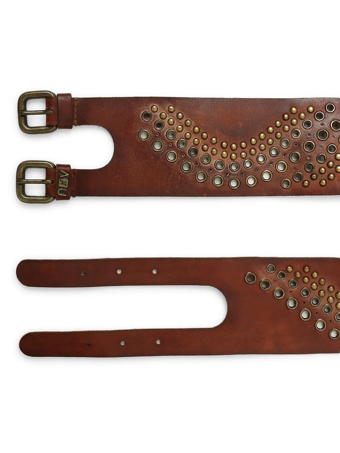 Cognac Studded Genuine Leather Belt For Women By Art N Vintage