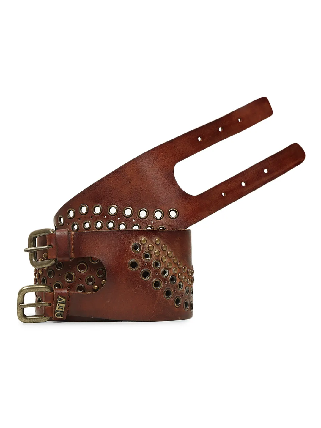 Cognac Studded Genuine Leather Belt For Women By Art N Vintage