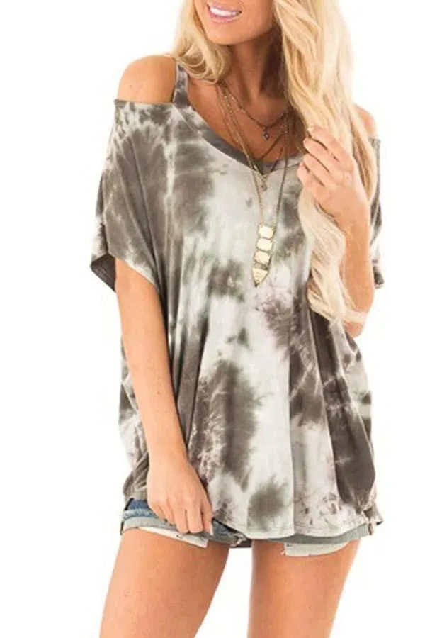 Cold Shoulder Half Sleeve Tie Dye T-Shirt