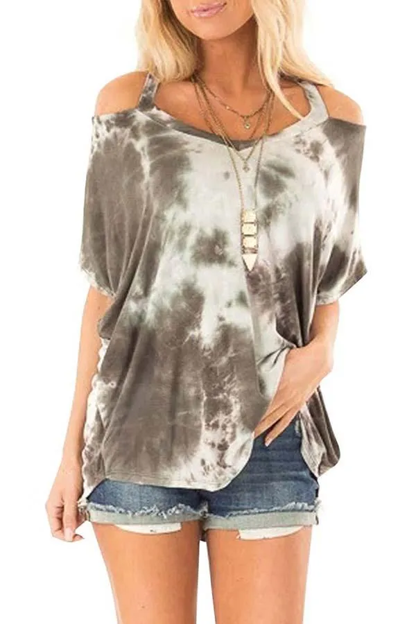 Cold Shoulder Half Sleeve Tie Dye T-Shirt