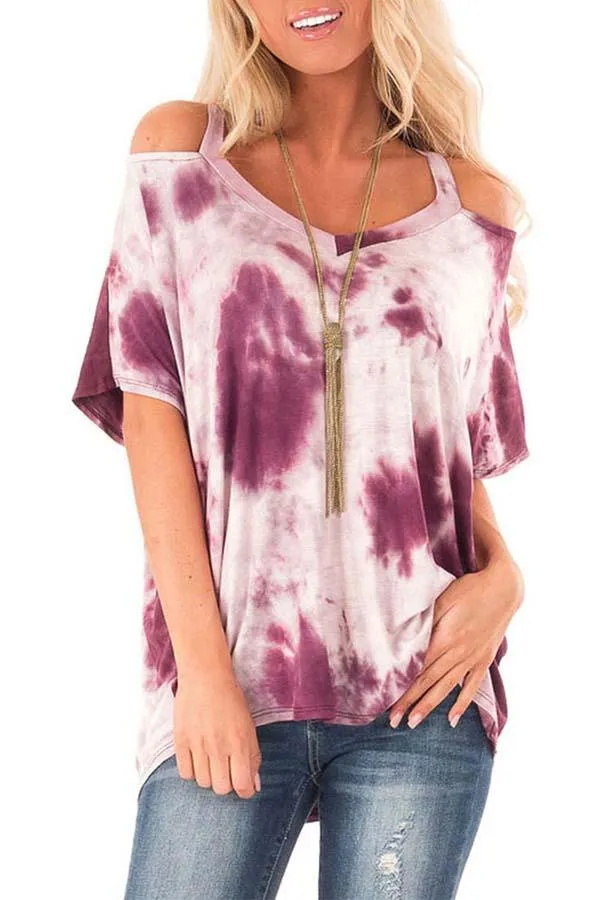 Cold Shoulder Half Sleeve Tie Dye T-Shirt