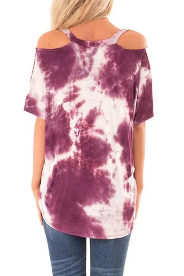 Cold Shoulder Half Sleeve Tie Dye T-Shirt