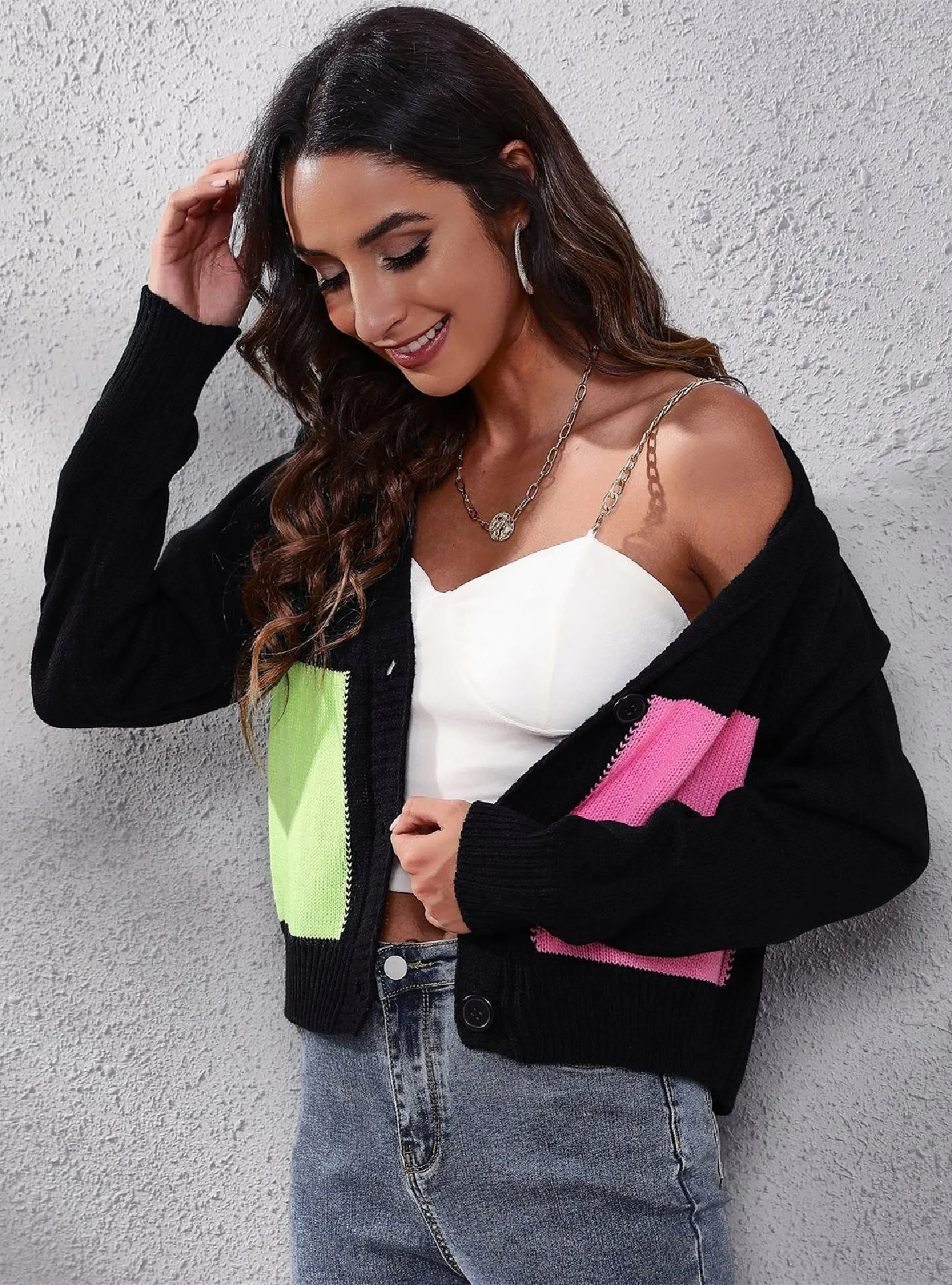 Contrast Stitching Long Sleeve Cardigan Sweater Jacket