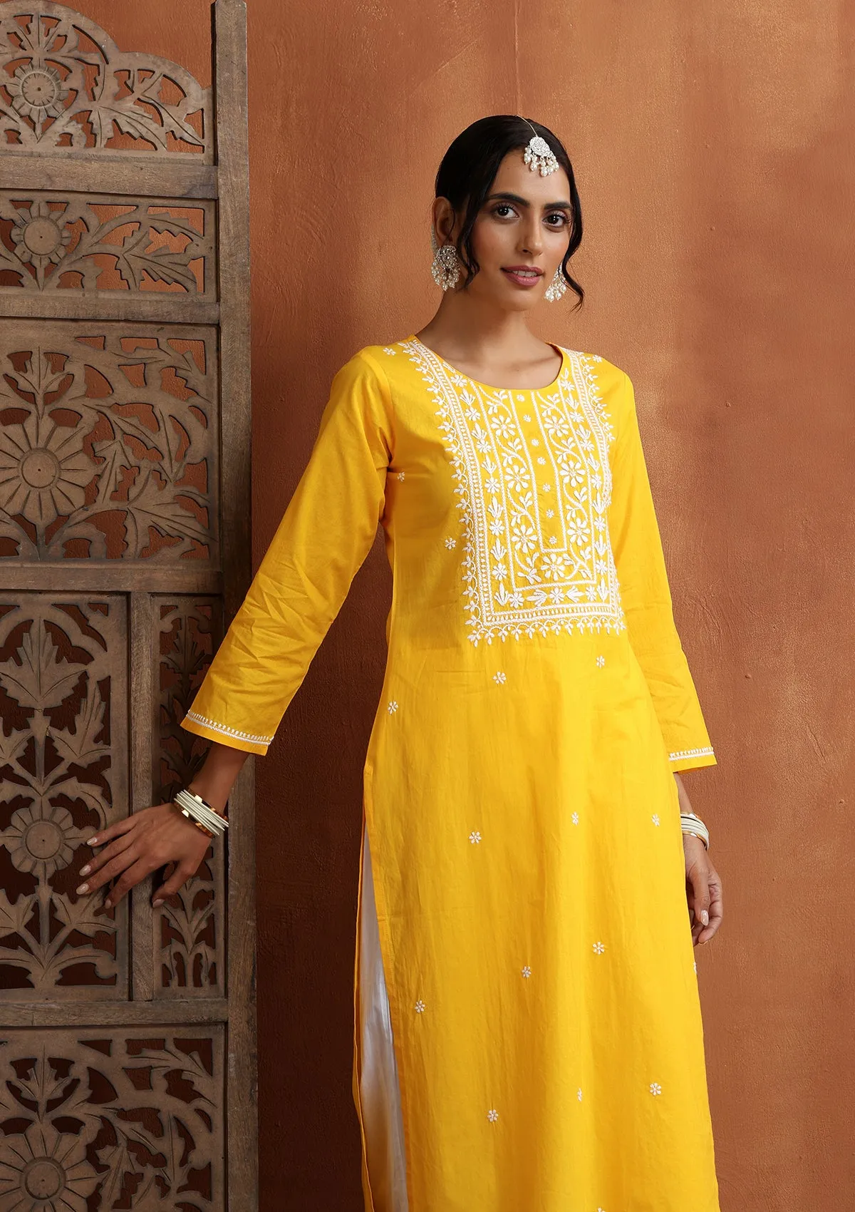 Cotton Chikankari Solid Women's Long Kurta - Yellow