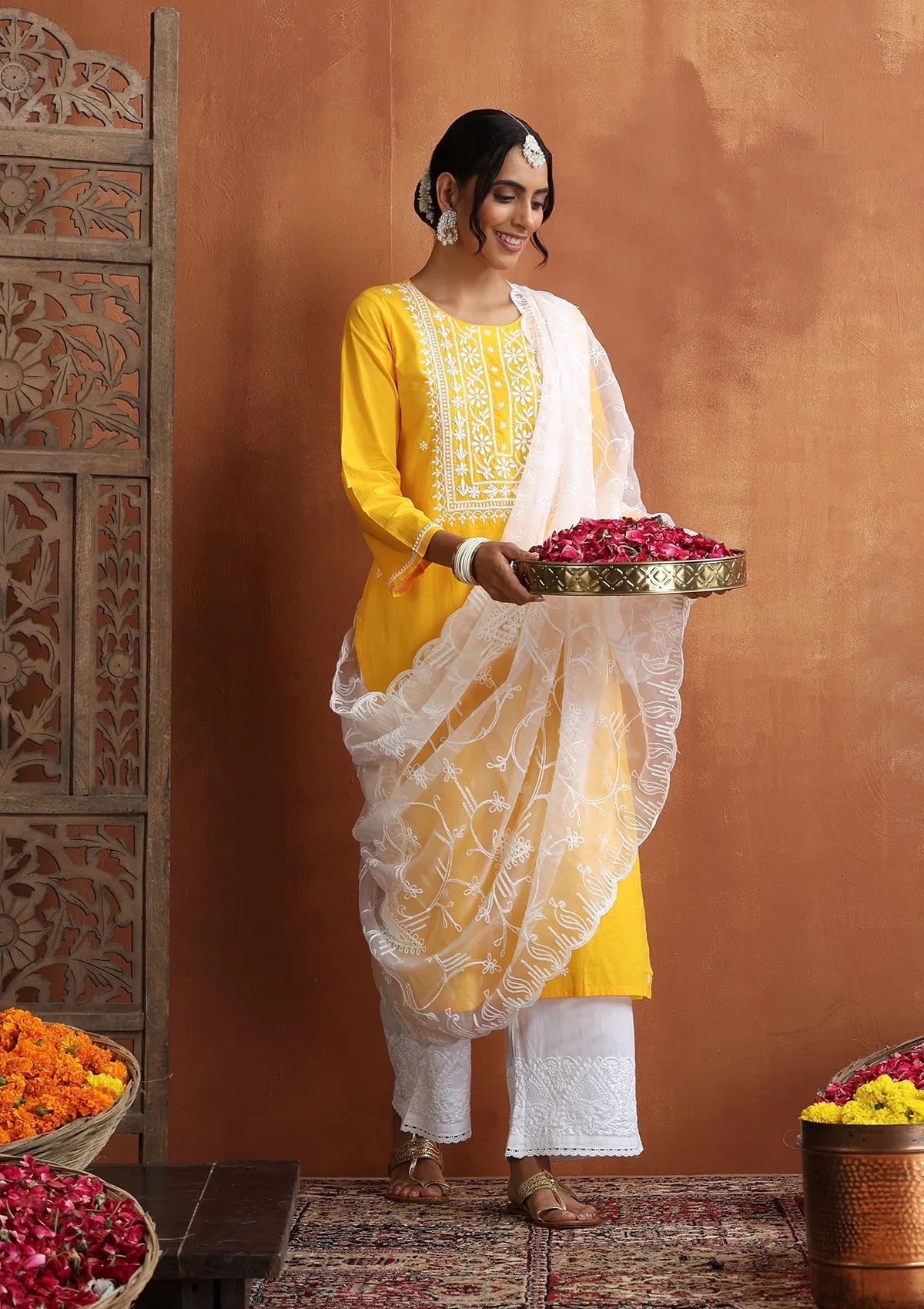 Cotton Chikankari Solid Women's Long Kurta - Yellow