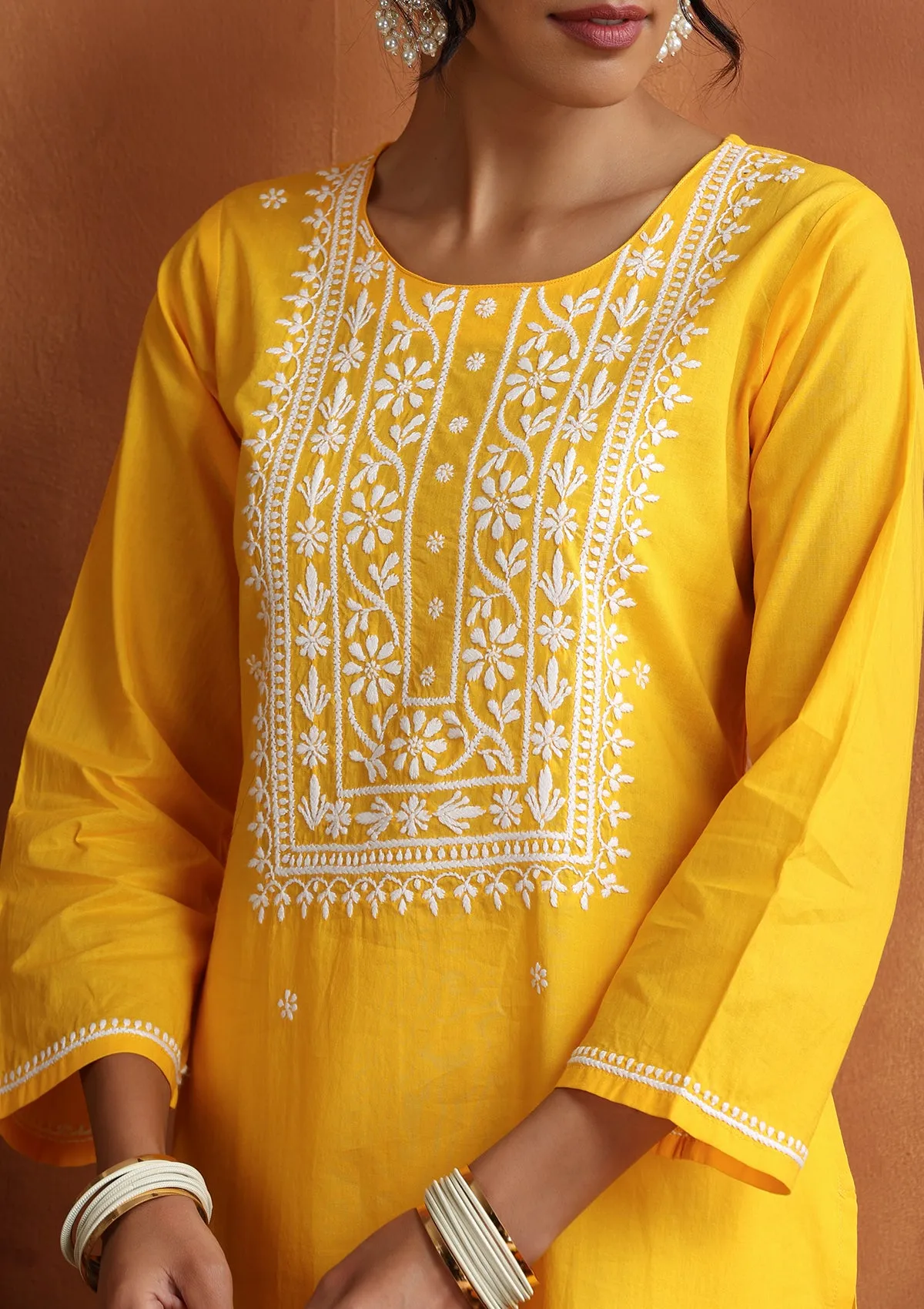 Cotton Chikankari Solid Women's Long Kurta - Yellow