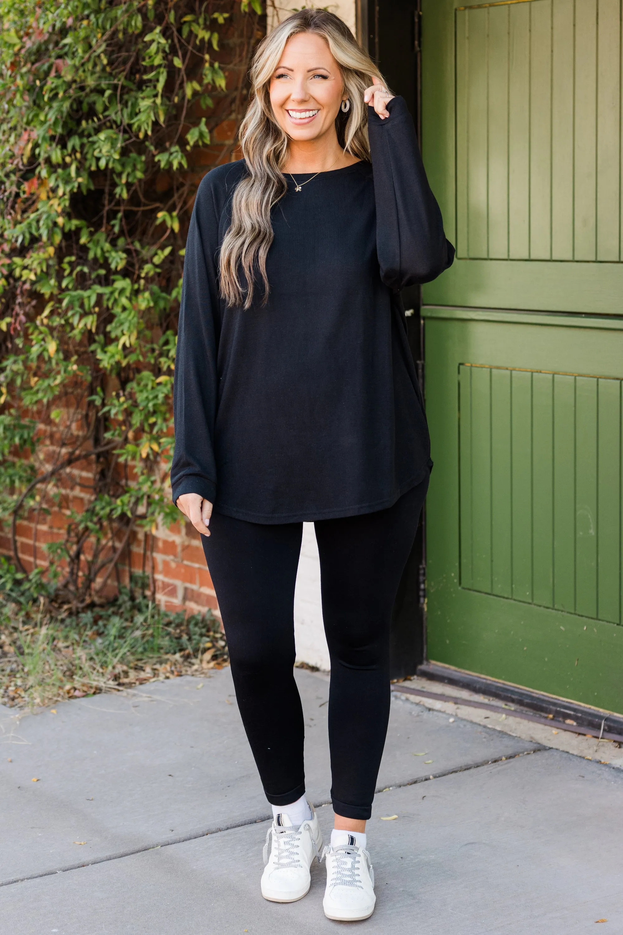 Curved Hem Slouchy Dolman Knitted Tunic, Black