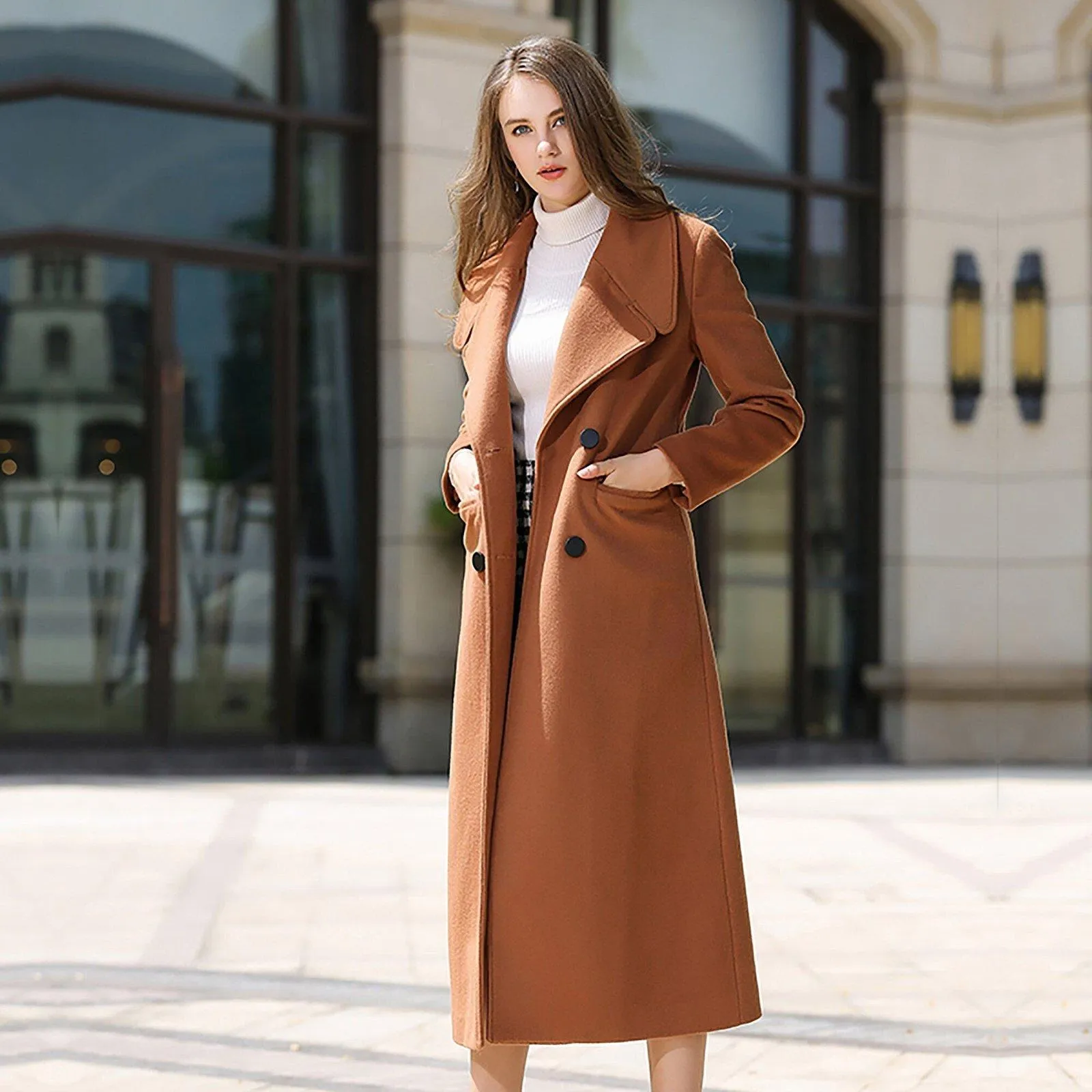 Custom Brown Double Breasted Wide Lapel Wool Blend Coat