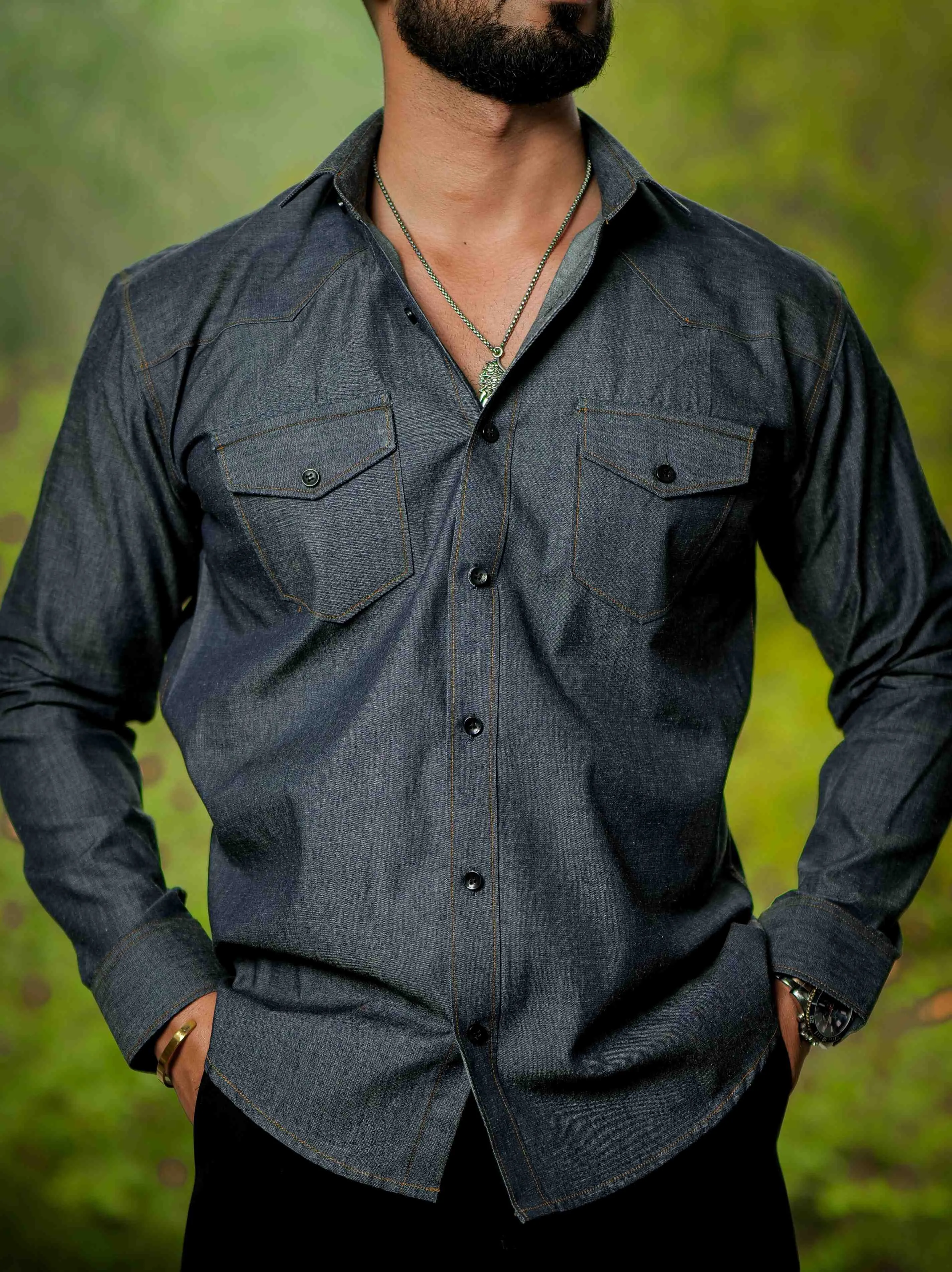 Dark Grey Cotton Denim Shirt