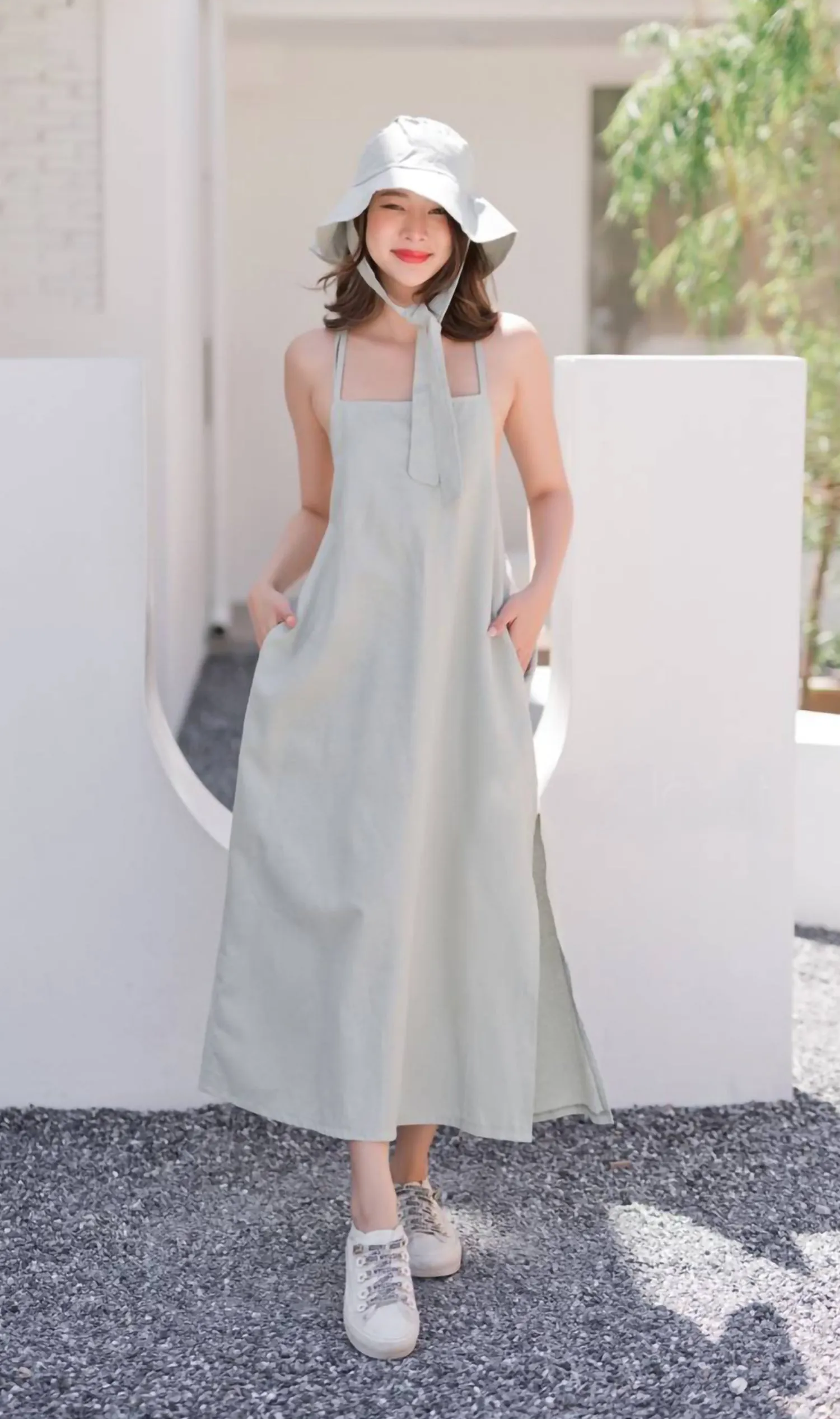 DEMI Open-Back Slip Midi Dress w/ Hat (Mint)