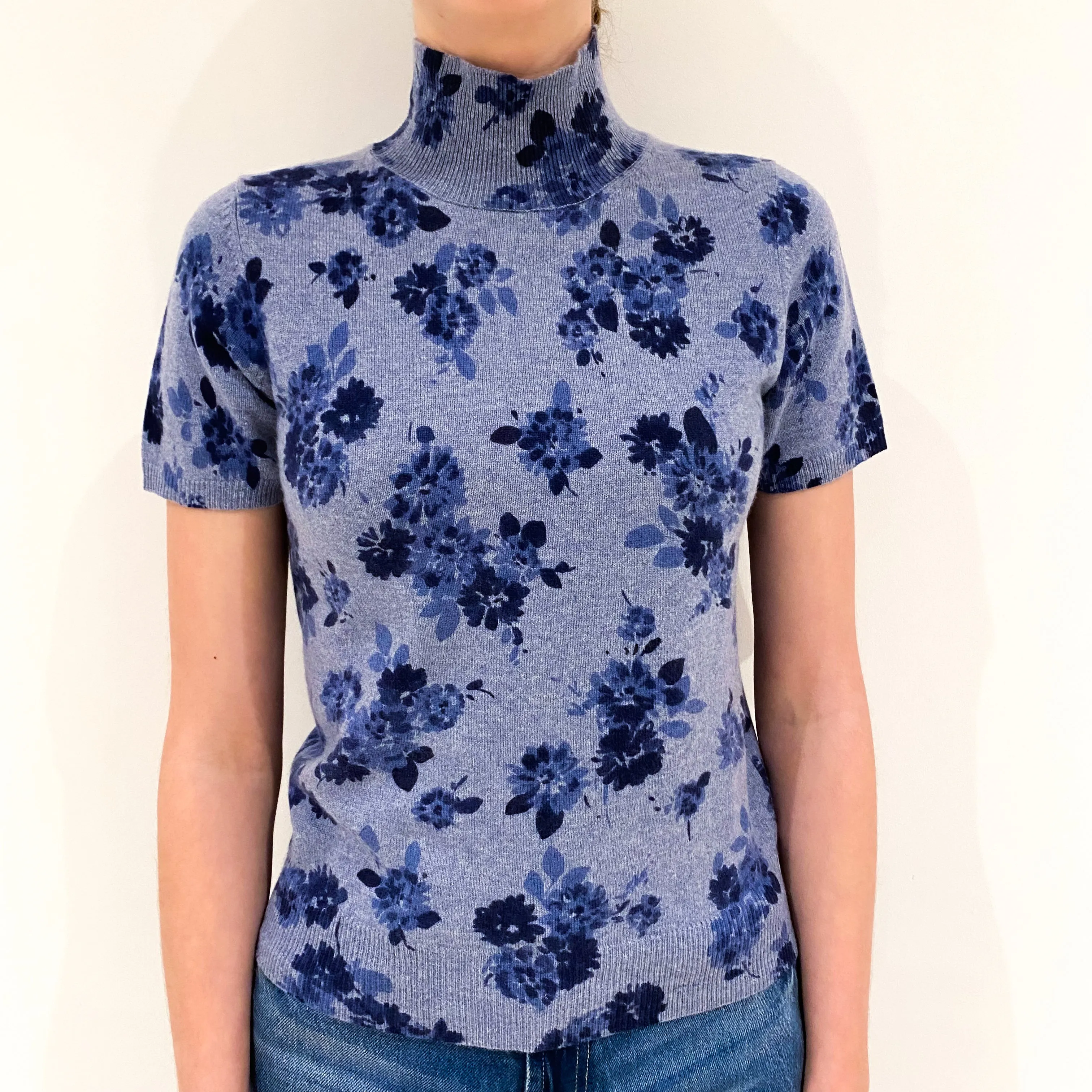 Denim Blue Floral Cashmere Short Sleeve Jumper Extra Small