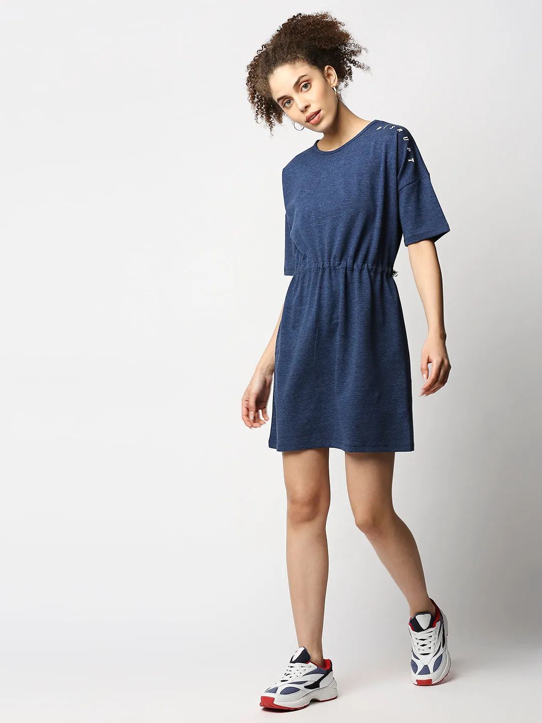 Disrupt Women's Toggle Waist Blue Jacquard Dress With Print