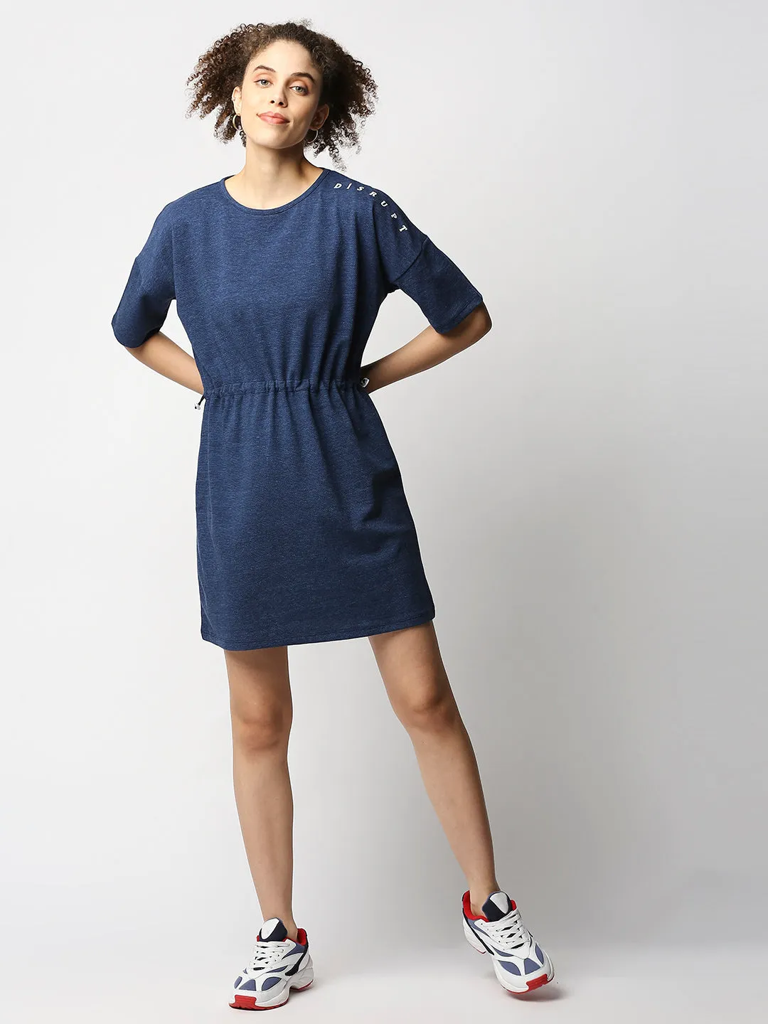 Disrupt Women's Toggle Waist Blue Jacquard Dress With Print