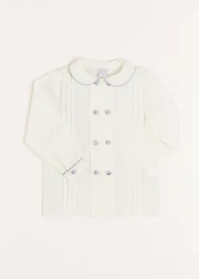 Double-Breasted Peter Pan Collar Long Sleeve Shirt with Blue Silk Piping (2-10yrs)